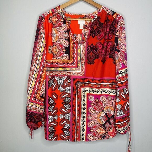 Chicos Womens Patched Paisley Peasant Top Red Size 1 Or Small New - Picture 1 of 6